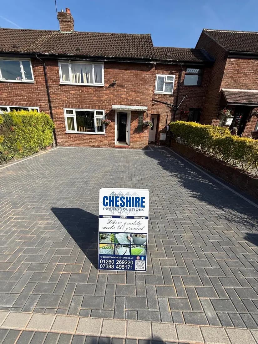 Completed block paving driveway laid across the frontage of a South Manchester house