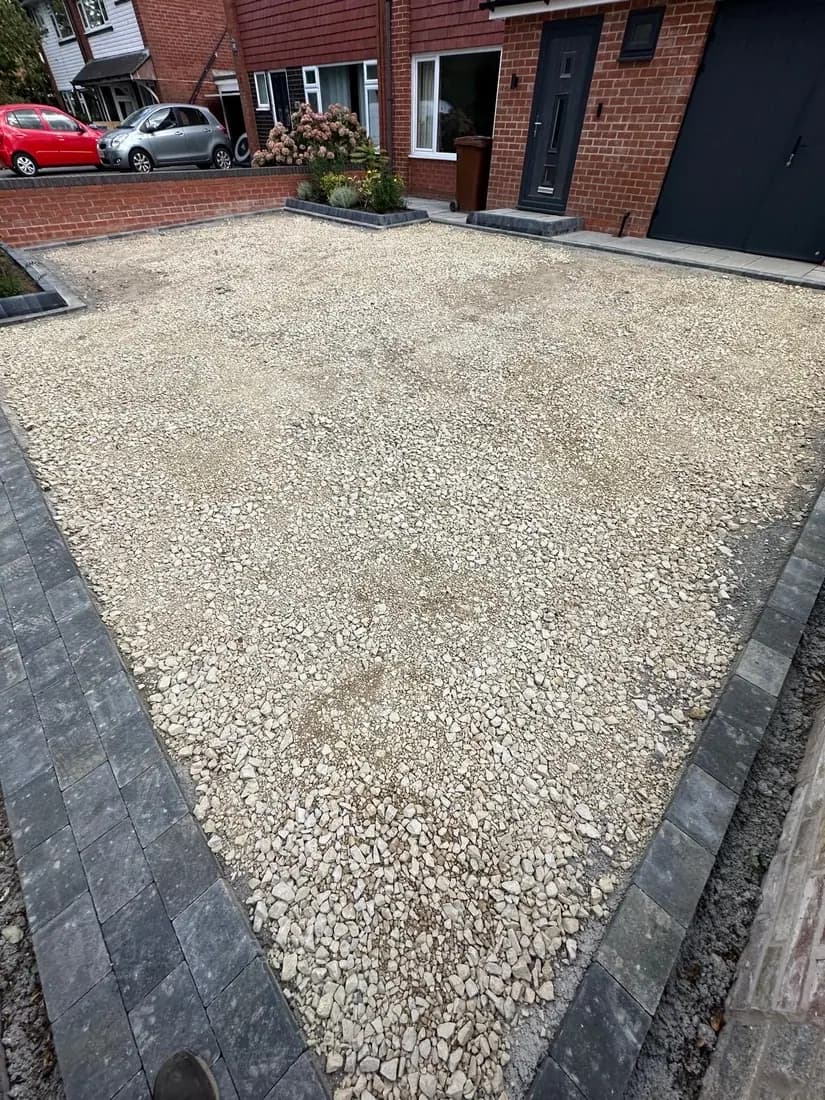 Gravel driveway retained with a block paved edge course